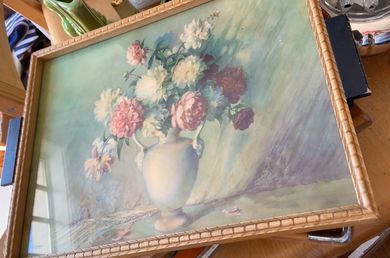 If you love florals and artistry, you'll love with lightweight glass covered wooden tray with wood handles. The dreamy floral bouquet is beautifully painted in muted pinks, burgundy on a background of ages marble.  Perfect as a vanity tray, to serves drinks and snacks or even wall art.  In excellent vintage condition.  Measures 20 x 14 x 1 inches