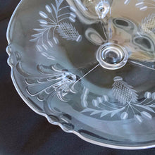 Load image into Gallery viewer, Delicate vintage clear tri-footed glass dish cut pineapple palm trees. The perfect dish for candies or trinkets. In excellent condition, free from chips. Measures 7 x 1 3/4 inches
