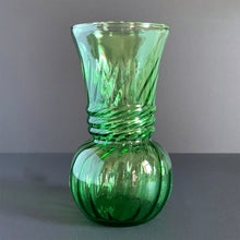 Load image into Gallery viewer, Vintage Emerald Green Optic Glass Vase with Rope and Swirl Details Anchor Hocking Home Decor Boho Bohemian Shabby Chic Cottage Farmhouse Mid-Century Modern Industrial Retro Flea Market Style Unique Sustainable Gift Antique Prop GTA Hamilton Toronto Canada shop store community seller reseller vendor floral flower bouquet arrangement
