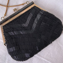 Load image into Gallery viewer, Vintage Black Glass Bugle Beaded Evening Bag Gold Trim Hong Kong silk lined tube elegant fancy special occasion fashion accessories Shabby Chic Cottage Flea Market Style Unique Sustainable Gift Antique Prop GTA Hamilton Toronto Canada shop store community seller reseller vendor art deco gold chain
