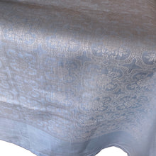 Load image into Gallery viewer, Vintage blue-on-blue damask Belgian linen tablecloth. It&#39;s in excellent condition and would make any table look stunning!  Size: 55&quot; x 96&quot;
