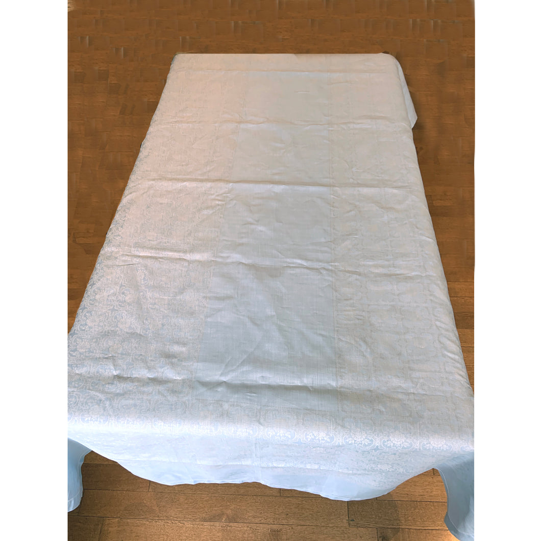 Vintage blue-on-blue damask Belgian linen tablecloth. It's in excellent condition and would make any table look stunning!  Size: 55