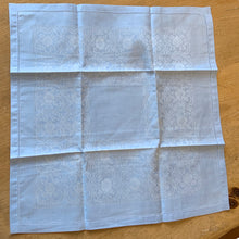 Load image into Gallery viewer, Vintage Blue on Blue Damask Cloth Square Napkin repurpose pillow cover Home Decor Shabby Chic Cottage Flea Market Style Unique Sustainable Gift Antique Prop GTA Hamilton Toronto Canada shop store community seller reseller vendor
