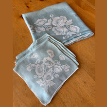 Load image into Gallery viewer, Gorgeous aqua damask tablecloth and four napkins in the two-toned poppy pattern. Lovely vintage blue on blue and fits perfectly on a bridge table. Crafted by Gold Medal Brand, Ireland.  In excellent condition, free from stains/tears.  Tablecloth measures 46 x 46 inches  Napkins measure 14 x 14 inches
