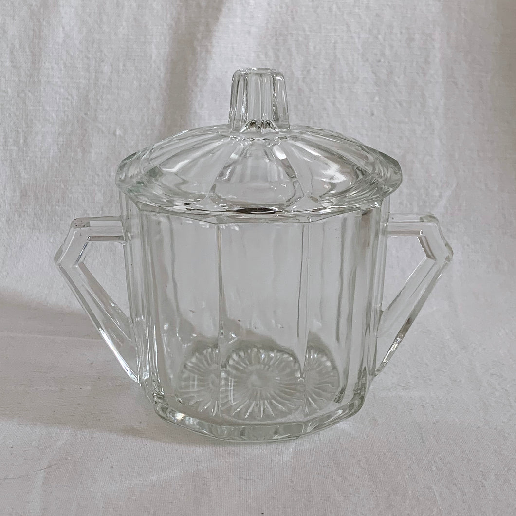 Vintage Pressed Glass Covered Lidded Sugar two Handle Bowl Clear Faceted Tableware Glassware Unique Gift Housewarming Hostess ten sided Home Decor Boho Bohemian Shabby Chic Cottage Farmhouse Mid-Century Modern Industrial Retro Flea Market Style Unique Sustainable Gift Antique Prop GTA Hamilton Toronto Canada shop store community seller reseller vendor