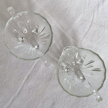 Load image into Gallery viewer, Bubbles and darts adorn this adorable &quot;Burple-Inspiration-Clear&quot; pressed glass art deco style creamer and sugar set. Crafted by Anchor Hocking, USA, circa 1930s. A Great addition to your tableware. Love the tiny feet too!  In excellent condition, no chips or cracks.
