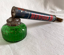 Load image into Gallery viewer, You don&#39;t have to be a gardner to appreciate the fabulous navy &amp; red graphics paired with gorgeous deep green glass (removable) on this vintage garden sprayer. A perfect addition to your vintage decor! Excellent condition and the tube still has compression  should you wish to use it as intended.  Measures 15 inches in length
