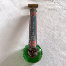 Load image into Gallery viewer, You don&#39;t have to be a gardner to appreciate the fabulous navy &amp; red graphics paired with gorgeous deep green glass (removable) on this vintage garden sprayer. A perfect addition to your vintage decor! Excellent condition and the tube still has compression  should you wish to use it as intended.  Measures 15 inches in length
