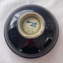 Load image into Gallery viewer, Vintage mid-century &quot;Clematis&quot; lidded dish with green ground lid and teal/blue ground on bowl&#39;s interior and deep blue on the exterior of the bowl. The colours are vibrant and the tube lining and hand painting are spectacular. Produced by Moorcroft Pottery, England, circa 1950s.  Measures 6-1/4&quot; x 3-1/2&quot;  Excellent condition. No cracks or chips. Normal crazing for a piece of this age. Impressed marks include Walter Moorcroft&#39;s signature, Potter to H.M. The Queen and Made in England.
