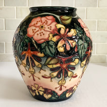 Load image into Gallery viewer, Vintage hand painted &quot;Oberon&quot; vase. Designed by Rachel Bishop in 1993. Hand painted on raised slip technique on ceramic mold, shape 4/10. Produced by Moorcroft Pottery, 1993.  In excellent condition free from chips, cracks, repairs. A first quality piece, purchased at Moorcroft Pottery shop in Stoke-on-Trent, England, offered from our personal collection. See photo for maker&#39;s marks on bottom of vase. Original box.  Measures 7-1/2&quot; x 8-1/4&quot;
