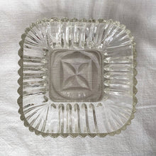 Load image into Gallery viewer, Vintage Pressed Glass Square Ribbed Dish Floral Star Bottom Fluted Cut Clear Candy Nut Serving Condiment Vanity Trinket Catchall Home Decor Shabby Chic Cottage Flea Market Style Unique Gift Antique Prop GTA Hamilton Toronto Canada shop store community seller reseller vendor
