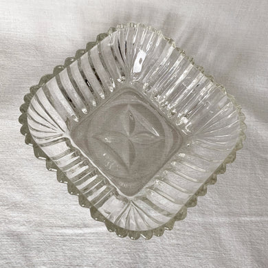 Vintage Pressed Glass Square Ribbed Dish Floral Star Bottom Fluted Cut Clear Candy Nut Serving Condiment Vanity Trinket Catchall Home Decor Shabby Chic Cottage Flea Market Style Unique Gift Antique Prop GTA Hamilton Toronto Canada shop store community seller reseller vendor