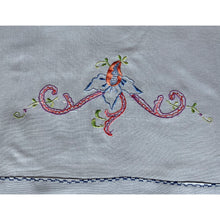 Load image into Gallery viewer, Beautifully stitched vintage embroidered panels on light blue cotton fabric stitched with 3 different designs. Excellent condition. Laundered and steamed.  Would make lovely cafe curtains or could be repurposed into pillows, pillowcases or laundry bags.
