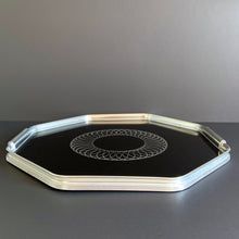 Load image into Gallery viewer, Vintage MCM Mid-Century Modern Bar/Serving Black Cocktail Tray with Silver Geometric Design, Woodmet England
