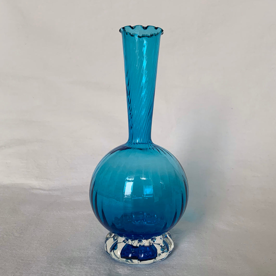 Vintage pretty delicate frilled edge twisted glass applied hand blown clear glass foot 1960 to 1970s peacock electric blue art glass vase Murano Italy.