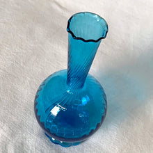 Load image into Gallery viewer, Vintage pretty delicate frilled edge twisted glass applied hand blown clear glass foot 1960 to 1970s peacock electric blue art glass vase Murano Italy.
