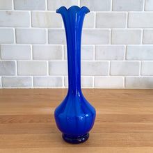 Load image into Gallery viewer, Beautiful vintage mid century blue cased candy stripe art glass bud vase with ruffled edge. This has the lovely striped and ruffled edge details, a very delicate piece. Hand blown in Murano, Italy. Perfect for a small bouquet!  Excellent condition, no chips or cracks.  Measures 2 1/4 x 7 3/4 inches
