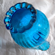 Load image into Gallery viewer, Vintage pretty delicate frilled edge twisted glass applied hand blown clear glass foot 1960 to 1970s peacock electric blue art glass vase Murano Italy.
