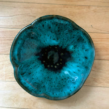 Load image into Gallery viewer, A pair of fabulous cocktail plates in the &quot;Dogwood&quot; pattern made by Blue Mountain Pottery (unsigned) in Collingwood, Ontario Canada. The glaze is a mix of deeps greens and black in a distinct flower design. A perfect pairing to the &#39;Dogwood&#39; divided serving dish. Would also make unique wall art or trinket dishes!  Excellent condition, no chips or cracks.  Measures 4-3/4 inches
