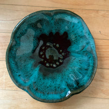 Load image into Gallery viewer, A pair of fabulous cocktail plates in the &quot;Dogwood&quot; pattern made by Blue Mountain Pottery (unsigned) in Collingwood, Ontario Canada. The glaze is a mix of deeps greens and black in a distinct flower design. A perfect pairing to the &#39;Dogwood&#39; divided serving dish. Would also make unique wall art or trinket dishes!  Excellent condition, no chips or cracks.  Measures 4-3/4 inches
