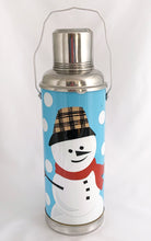 Load image into Gallery viewer, Vintage Snowman Thermos Chinese Graphics Vibrant Colours Hot Cold Chocolate Cider Milk Water Tea Coffee Mug Metal 1960 1970  Art Decoration Winter Home Decor Kitchenware Flea Market Style Shabby Chic Hamilton Antique Mall Toronto Canada
