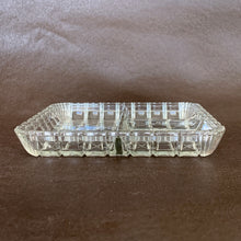 Load image into Gallery viewer, This vintage clear pressed glass square divided relish tray in the &quot;Block and Stars pattern #267. Produced by the  Indiana Glass Company, USA, circa 1940s and 1950s. Great vintage style...très moderne et chic!  Excellent vintage condition, no chips or cracks.  Measures 7 1/4 x 7 1/4 inches

