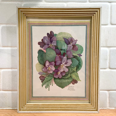 Vintage print of violet flowers. The colours are fabulous and vibrant! Framed in wood.  Measures approximately 6 x 8 inches Jacks Daughter of All Trades Vintage Antique Retro Mid-Century Modern Kitsch Store Shop Reseller Etsy Shopify Toronto Canada Free Porch Pick Up Local Delivery Worldwide Shipping Judy Weinberg