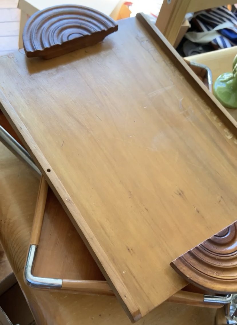 Fabulous handmade rectangular wooden tray with unique half round geometric handles reminiscent of mid-century style. Perfect for serving drinks and snacks.  In excellent vintage condition.  Measures 20 x 12 x 1 1/2 inches